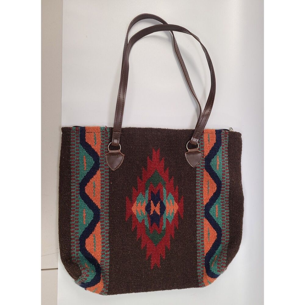 Castano Mole Southwestern 100% Wool Tote Bag, Aztec Tribal Print, Leather